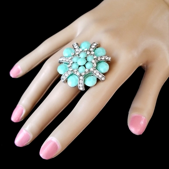 Vintage Aqua Bead and Clear Rhinestone Stretch Ring OS - Picture 3 of 10